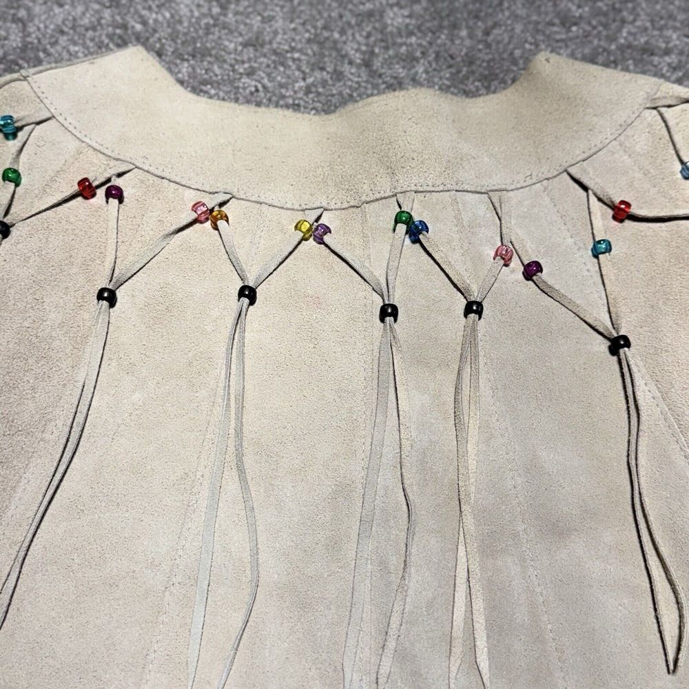 Pioneer Wear Fringe Beaded Tan Ivory Leather Women's Top Size 10 Cowgirl Western - Picture 13 of 13